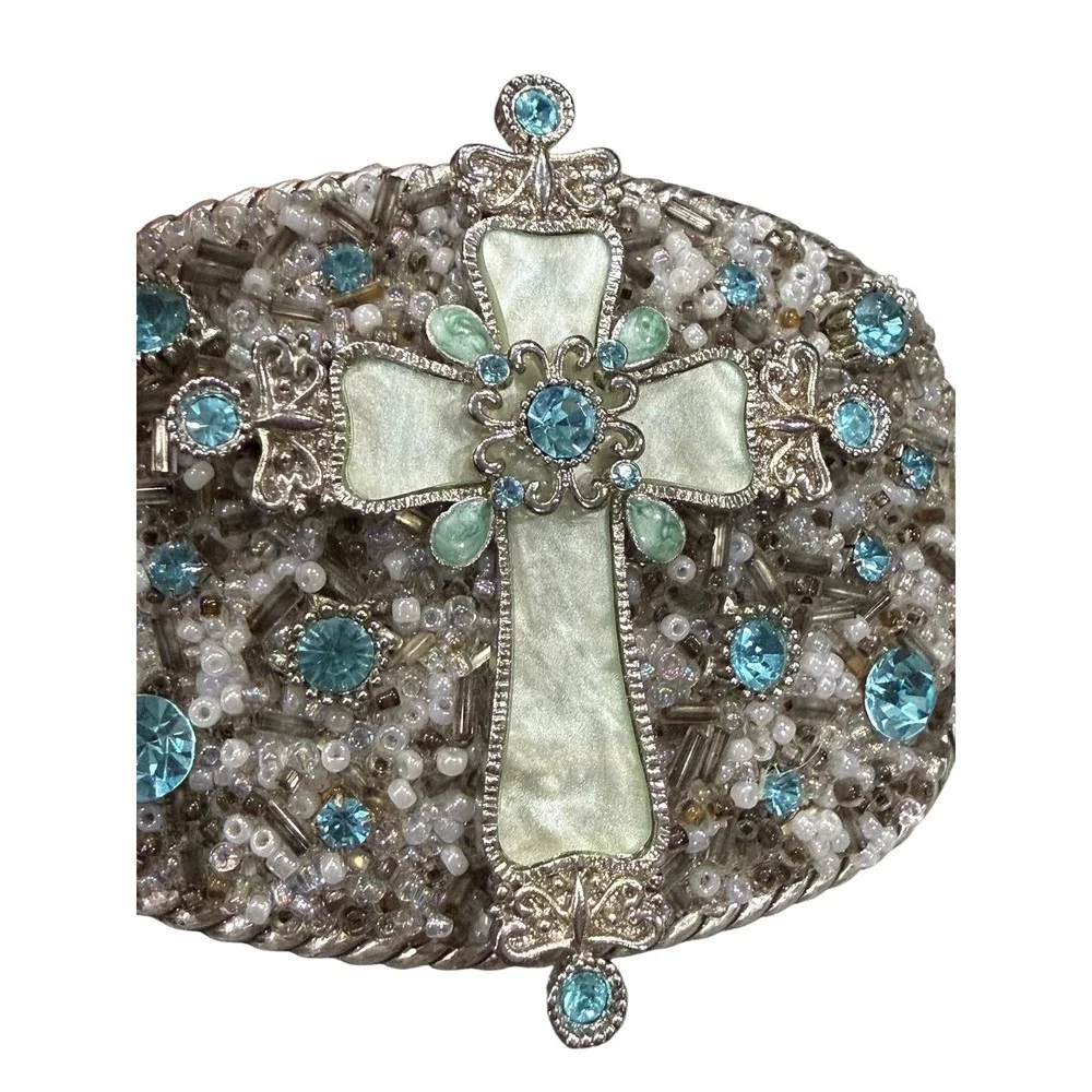 T's Buckin Buckles Cross Belt Buckle Western Christian Cowgirl Blue Rhinestone - Picture 6 of 10